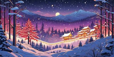 Primary subject: A snowy mountain landscape with a village in the background.

Setting/background: The scene features a snow-covered mountain range with a village nestled in the valley below. The village is surrounded by a forest, and the sky is filled with snowflakes.

Visual style: The image is a digital art illustration, depicting a serene and picturesque winter scene.

Colors and mood: The dominant colors are shades of white, gray, and purple, creating